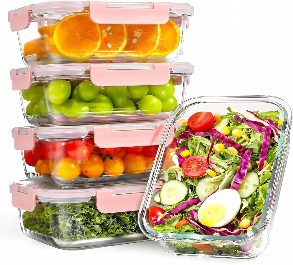 YASHE 5 Teile Glasbehälter mit Deckel, 1040ml Stapelbar & Luftdicht Meal Prep Boxen Glas für Spülmaschine, Mikrowelle & Gefrierschrank, Auslaufsicher, BPA-Frei, Rosa
