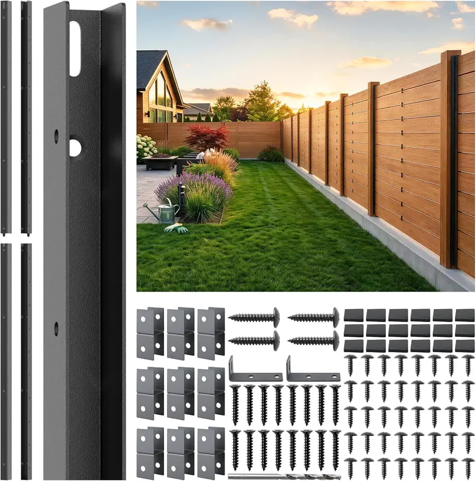 5FT No Dig Privacy Metal Fence Post for Wood Slat U-Shape，Black Line Post Outdoor Privacy Fence Panels Butt-Joint 2Pack