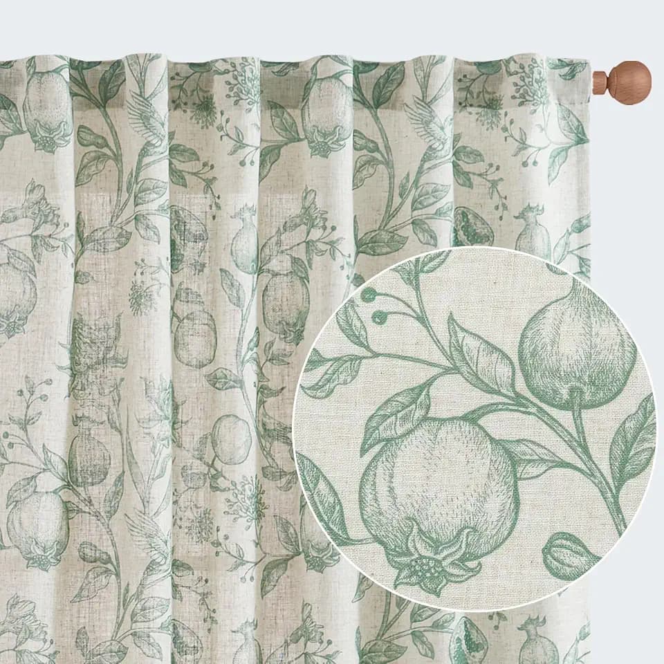 jinchan Floral Linen Curtains 96 Inch Farmhouse Back Tab 2 Panels Sage