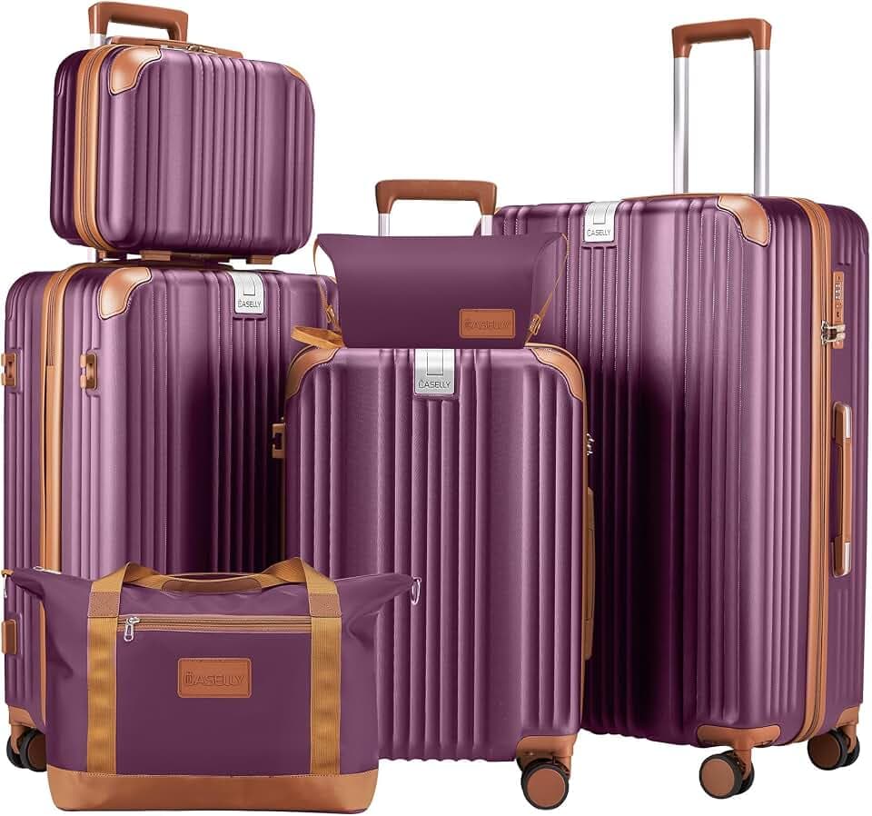 Luggage Set 6 Piece Luggage with PC+ABS Hardshell TSA Lock Spinner Wheels Carry on Lightweight Suitcase Cup Holder，YKK Zippers (Purple, 6 Piece Set (14/20/24/28/DB/TB))