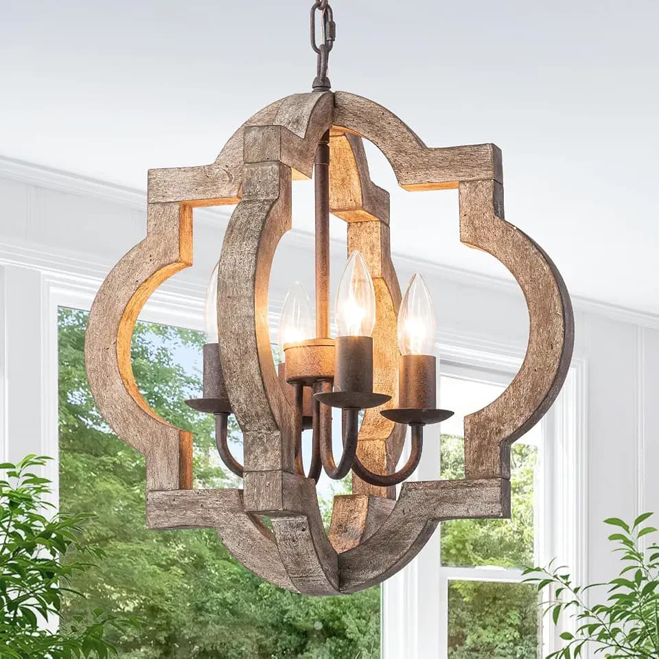 16" Farmhouse Chandelier Orb Distressed Wood Oak Dining Room Light Fixture
