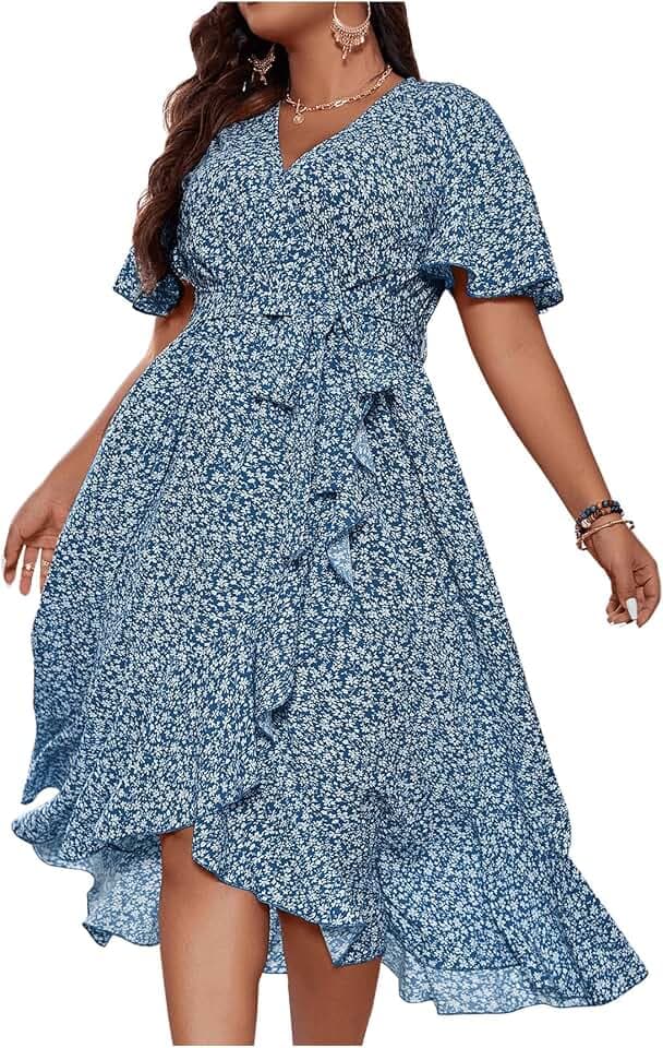 Floerns Women's Plus Size Boho Flutter Short Sleeve Ruffle Hem A Line Midi Dress
