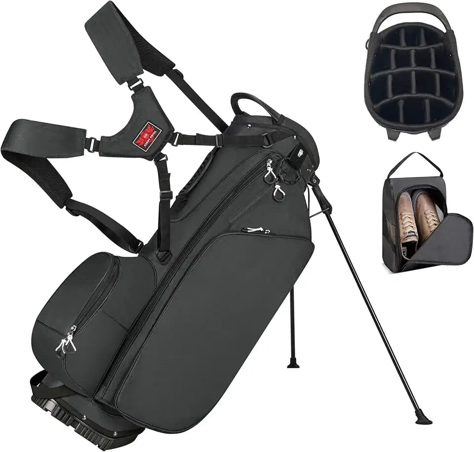 Lightweight Golf Stand Bag with 14 Way Full-Length Dividers, 7 Zippered Pockets and Rain Cover, with Handles and Dual Strap