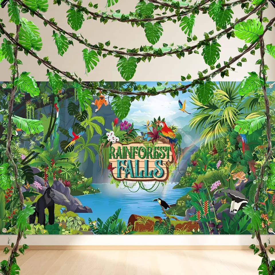 Riceshoot 44 Pcs Vbs Rainforest Falls Backdrop Palm Leaves Vine Party Decor