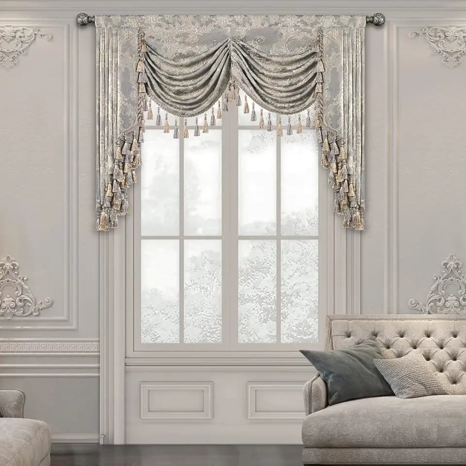 Swag Volant Vorhang für Schlafzimmer Esszimmer Wohnzimmer Küche, Damast Kurzstore Waterfall Volant-Vorhang (Breite 150cm, Hellgrau)