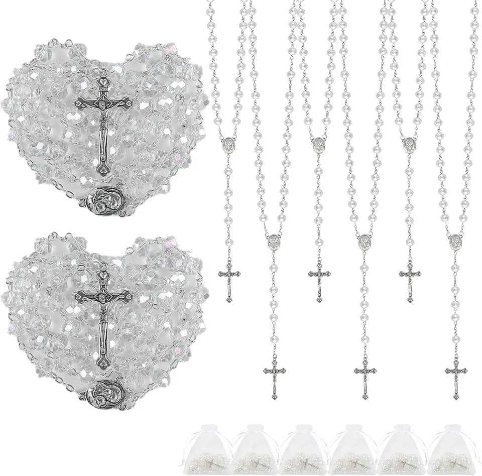 30 Set Rosary Bead Bulk Catholic Crystal Glass Rosaries Beads for Women Men Jesus Holy Cross Rosary with Organza Bags Baptism First Communion Church Religious Present