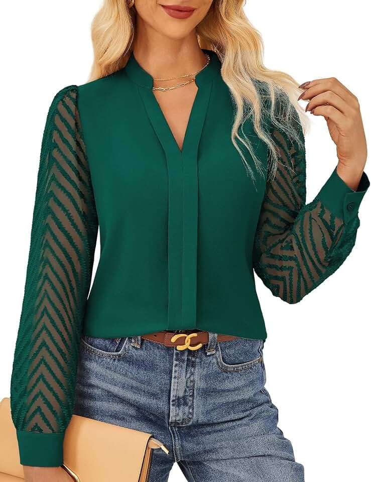 GRACE KARIN Damen Business Blusenshirt Elegante V-Ausschnitt Oberteile Spitze Transparenten Ärmel Büro Bluse