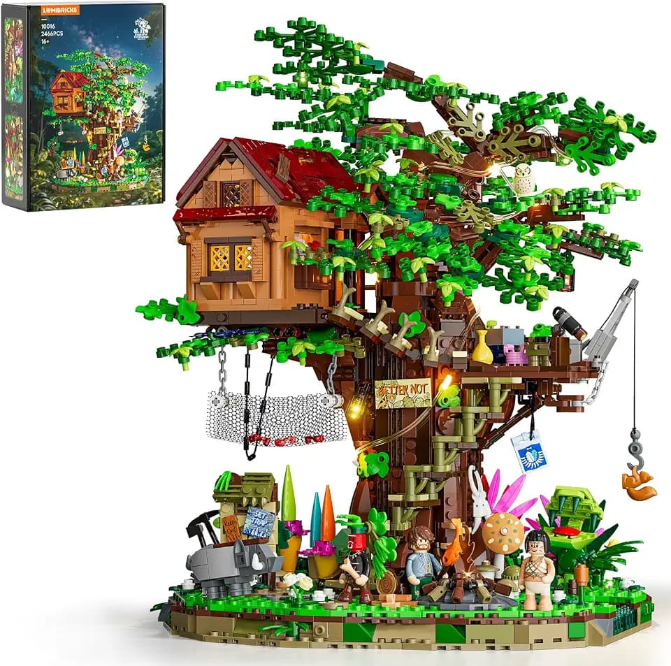 LUMIBRICKS Explorer Treehouse Klemmbaustein-Set,2466 Teile, Tropischer Regenwald-Baumhaus-Bausatz mit LED-Beleuchtung, Geheimhöhle,Abnehmbarem Dach und Entdecker-Figuren, Abenteuer-Deko für Erwachsene