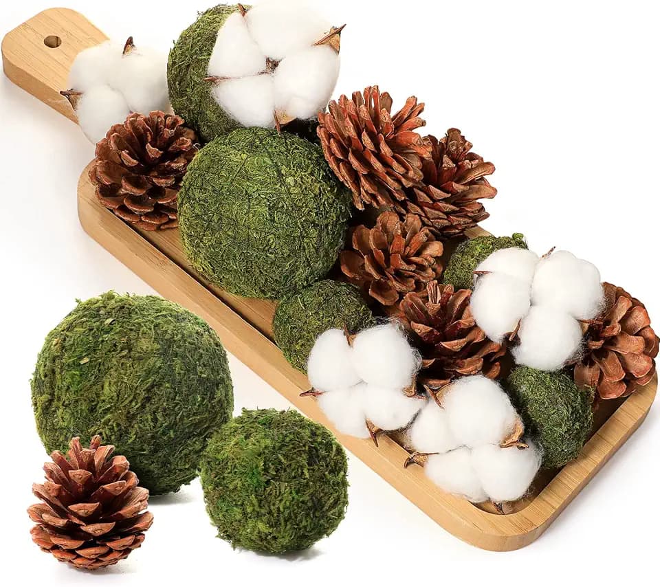 Jetec 18 Pcs Decorative Balls for Centerpiece Bowls Green Moss Balls Pine Cones for Decorating Cotton Balls Decorative Bowl Fillers for Garden Vase Bowl Home Party Table Farmhouse Rustic Decor