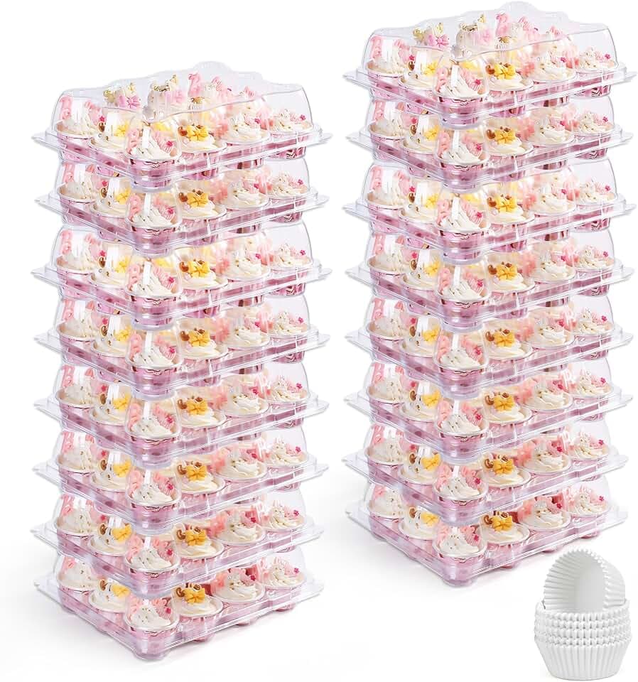 LotFancy (12 Count x 40 Sets) Mini Cupcake Containers with 480 Liners, Clear Plastic Cupcake Boxes Holders, Dozen Disposable Cupcake Carriers with Detachable Lid