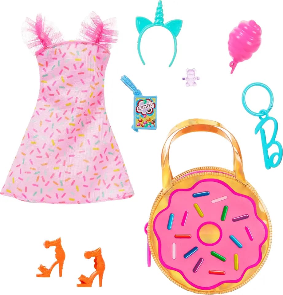 Mattel Barbie HRH49 Fashion-Pack – Donut-Tasche rosa + Kleid & 5 Accessoires – universell passend – ab 3 Jahren