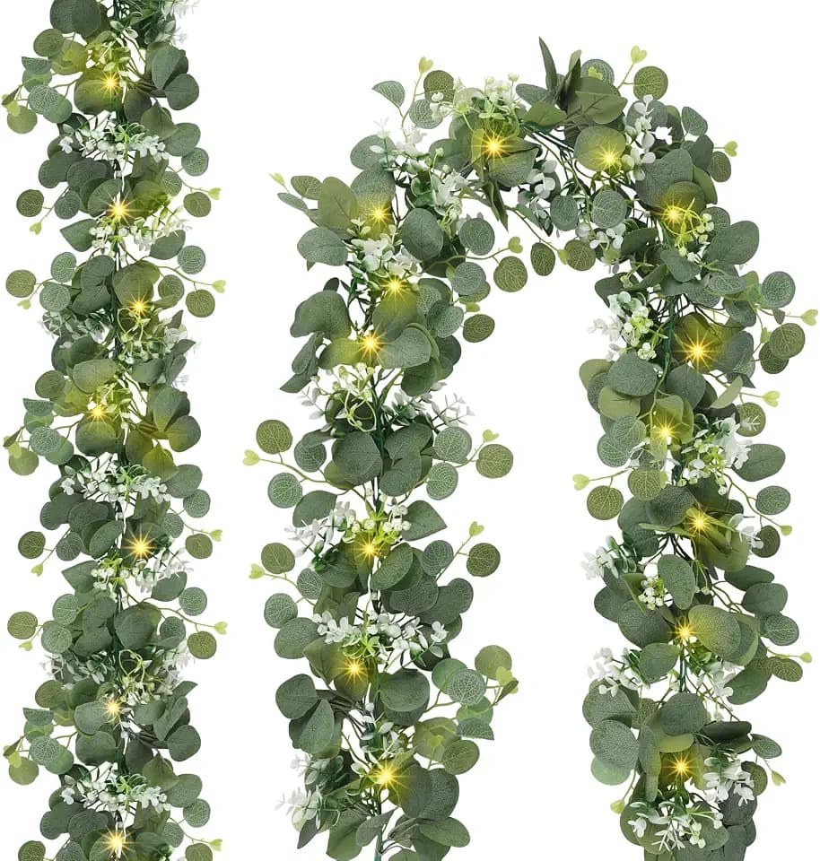 N&T NIETING 2 Pack Artificial Eucalyptus Garland with Lights, 6FT Artificial Greenery Summer Garlands, Battery Operated Twig Vine for Room Stairs Mantle Wedding Holiday Decoration Indoor Outdoor