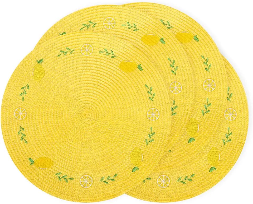 Whaline 4Pcs Lemon Embroidered Placemats Round Place Mats Summer Lemon Greenery Leaves Dinner Table Mats for Home Wedding Baby Shower Birthday Party Decor
