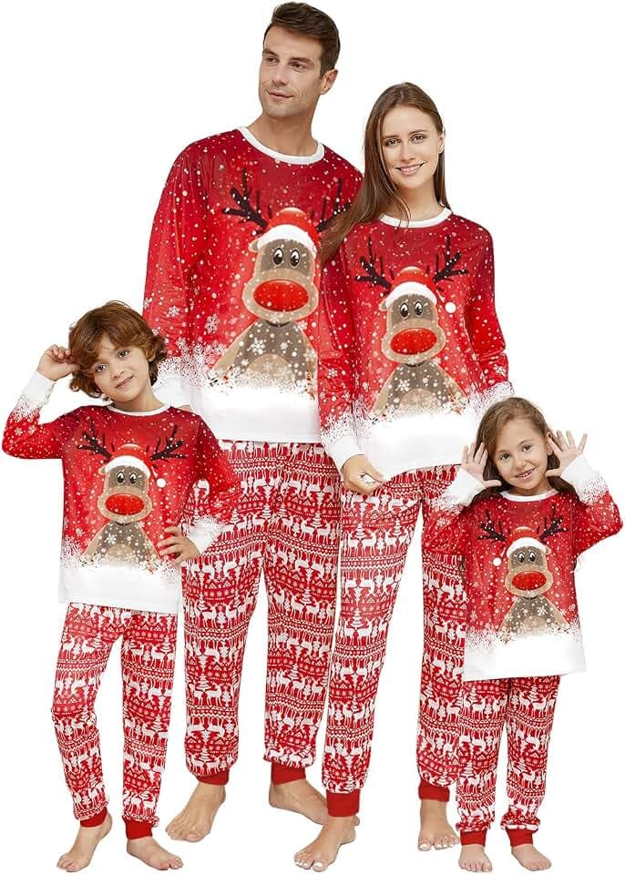 Weihnachts Familie Pyjama Set, Passendes Weihnachten Schlafanzug Paar Set, Weihnachts Langärmelige Hose Christmas Nachtwäsche Winter Geteilter Home Set Für Damen Herren, Kinder, 10-11 Jahre， Rot
