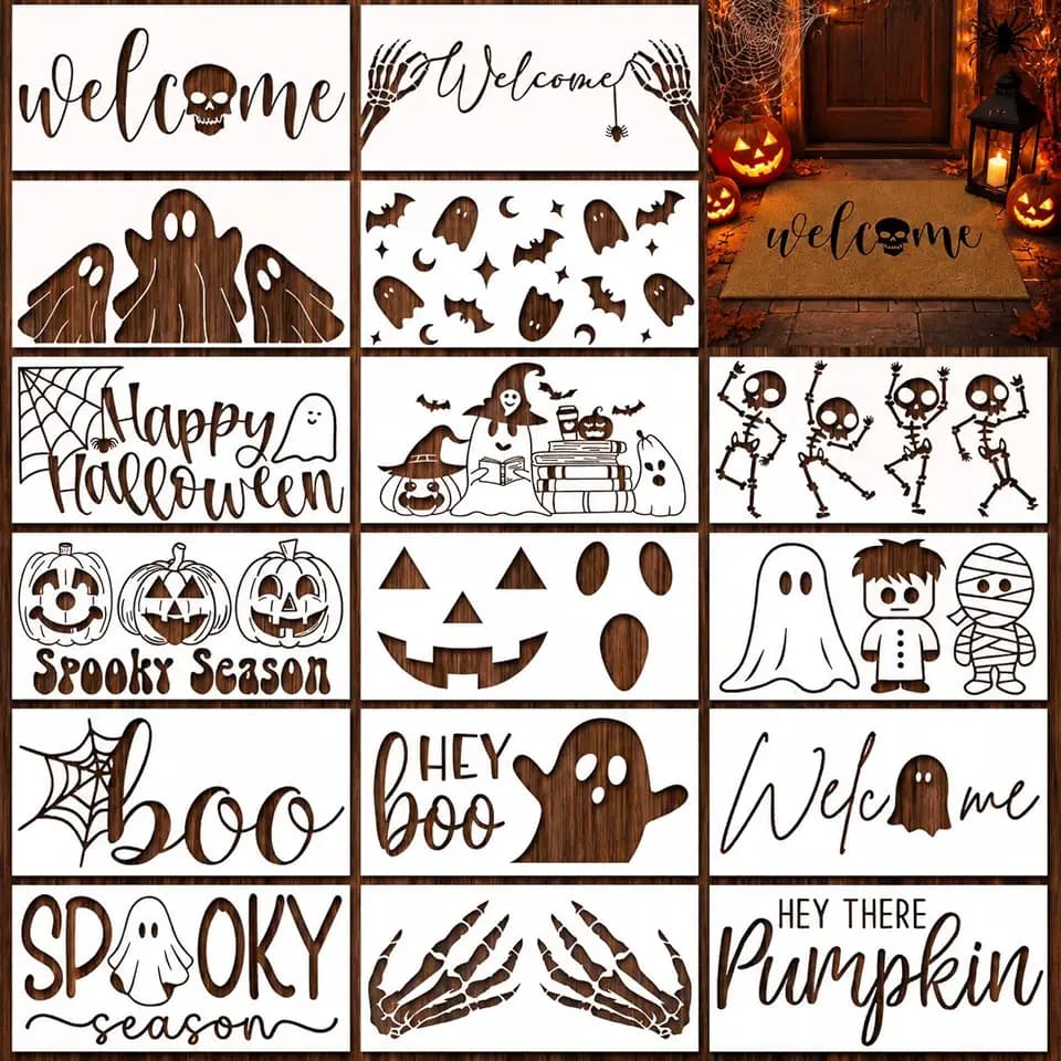 Dunzy 16 Pcs Halloween Stencils for Door Mats, Reusable Plastic Templates