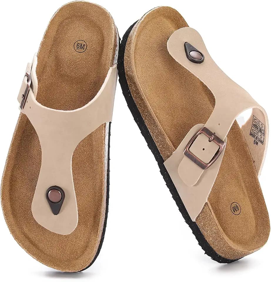 Cork Footbed Flip Flops for Women, Comfortable Beach Sigle Buckle Slip-On with Genuine Suede Footbed & Memory Foam Arch Support Flats Slides for Women Footwear
