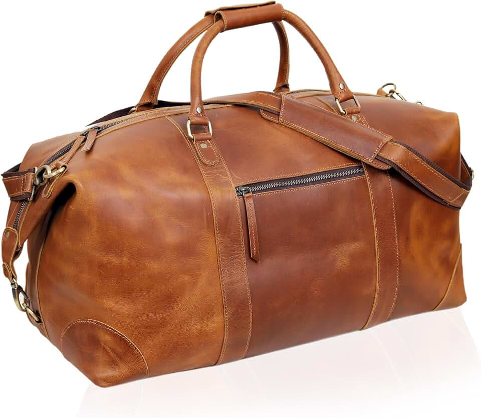28 Inch Genuine Buffalo Leather Travel Duffle Bag, Overnight Weekend Leather Bag Sports Gym Duffel for Men, Airplane Under Seat Carry on Bags (Tan)