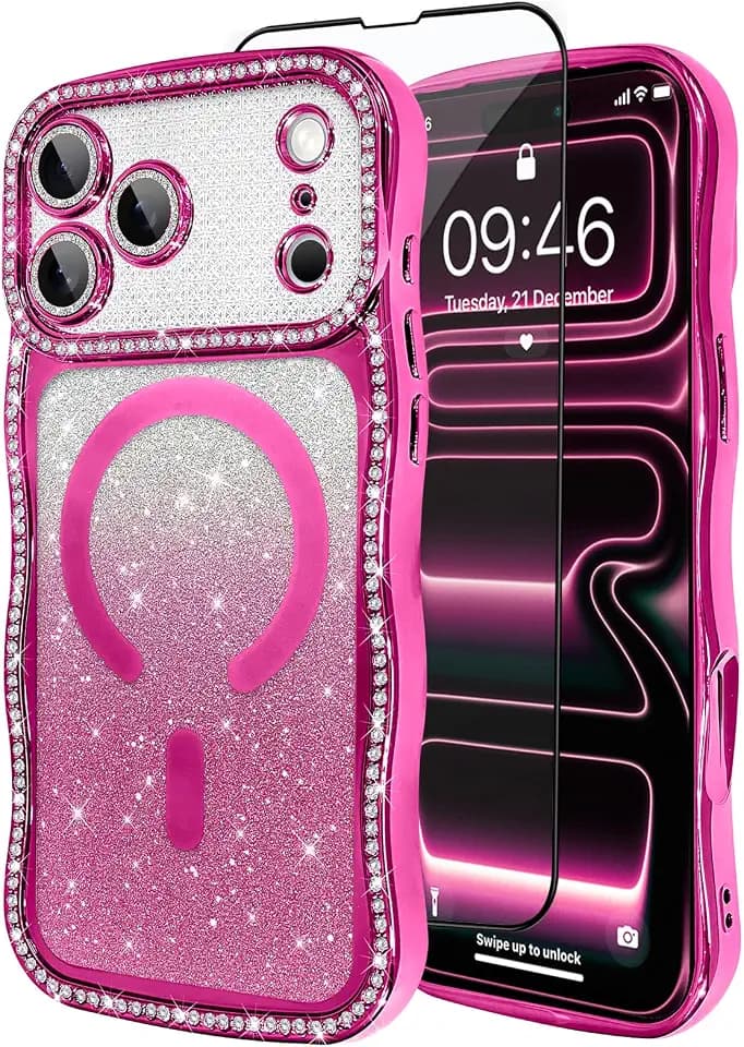 tharlet Magnetic for iPhone 17 Pro Case Pink Curly Wave Edge Diamond