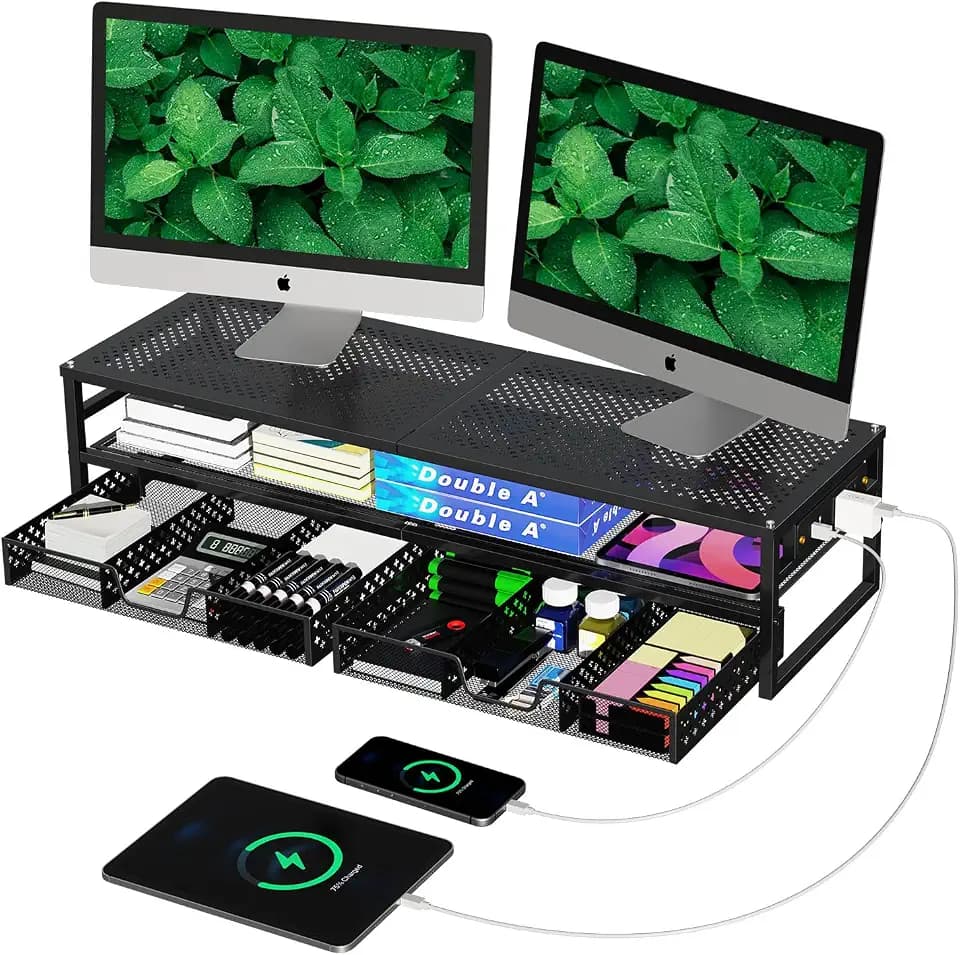 Simple Trending 2-Tier Metal Dual Monitor Stand with USB & 2 Drawers, Black