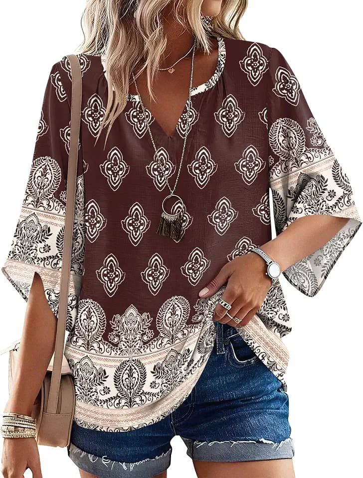 LOMON Women's 3/4 Length Sleeve Boho Tops V Neck Casual Vacation Clothes Loose Fit Tunic Shirts S-3XL