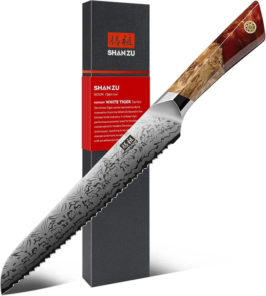 SHAN ZU Damascus Bread Knife, SG2 Powder Steel Japanese Kitchen Knife