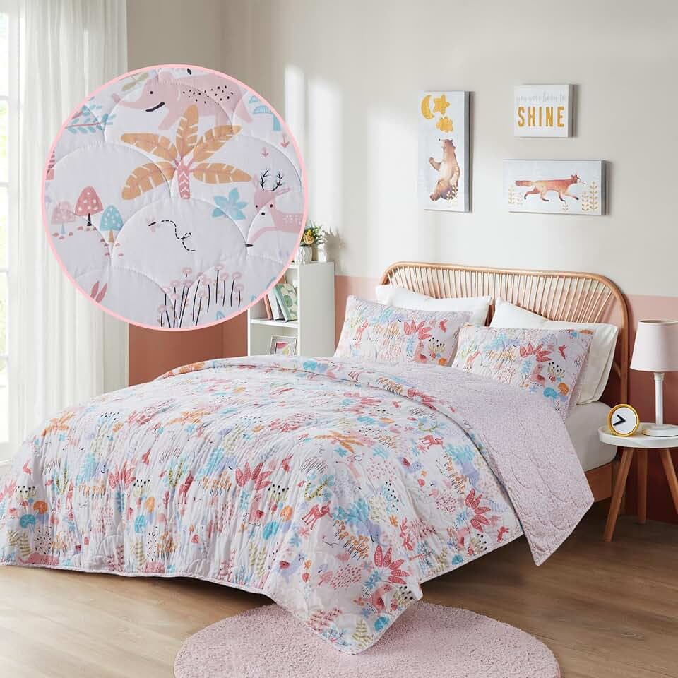 Intelligent Design Kids Cotton Girls Fun Printed Blush Queen Quilt Set, 3pc