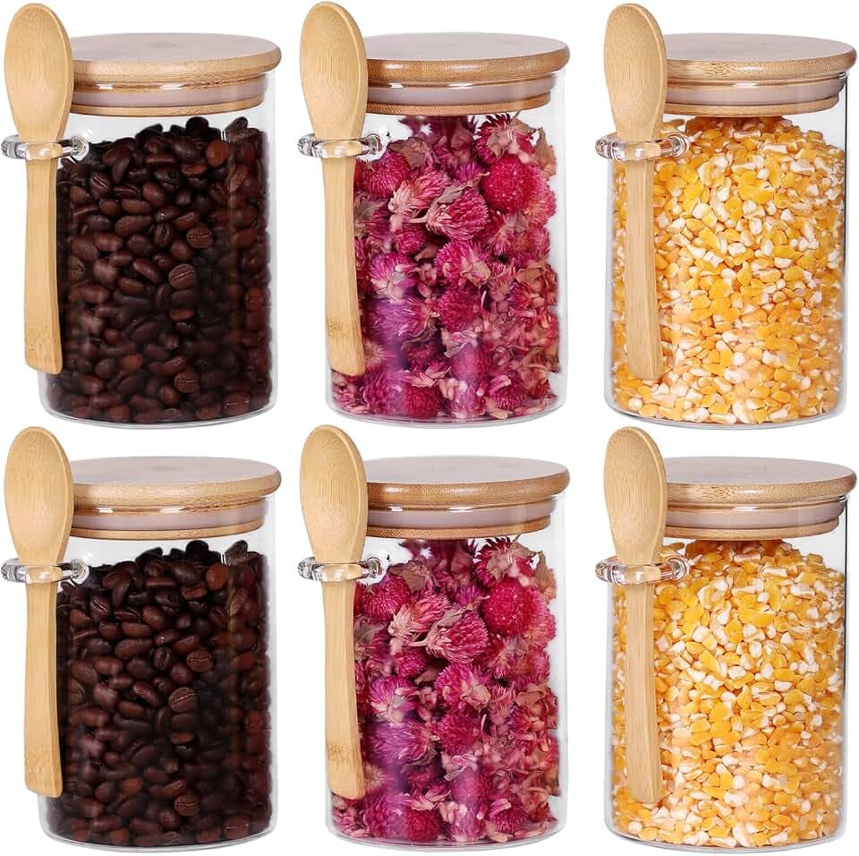 Glass Jars with Bamboo Lids and Spoon Set of 6, 17 OZ Coffee Sugar Container Set with Scoop, Overnight Oatmeal Jars Containers with Lids and Spoon for Loose Tea, Yogurt