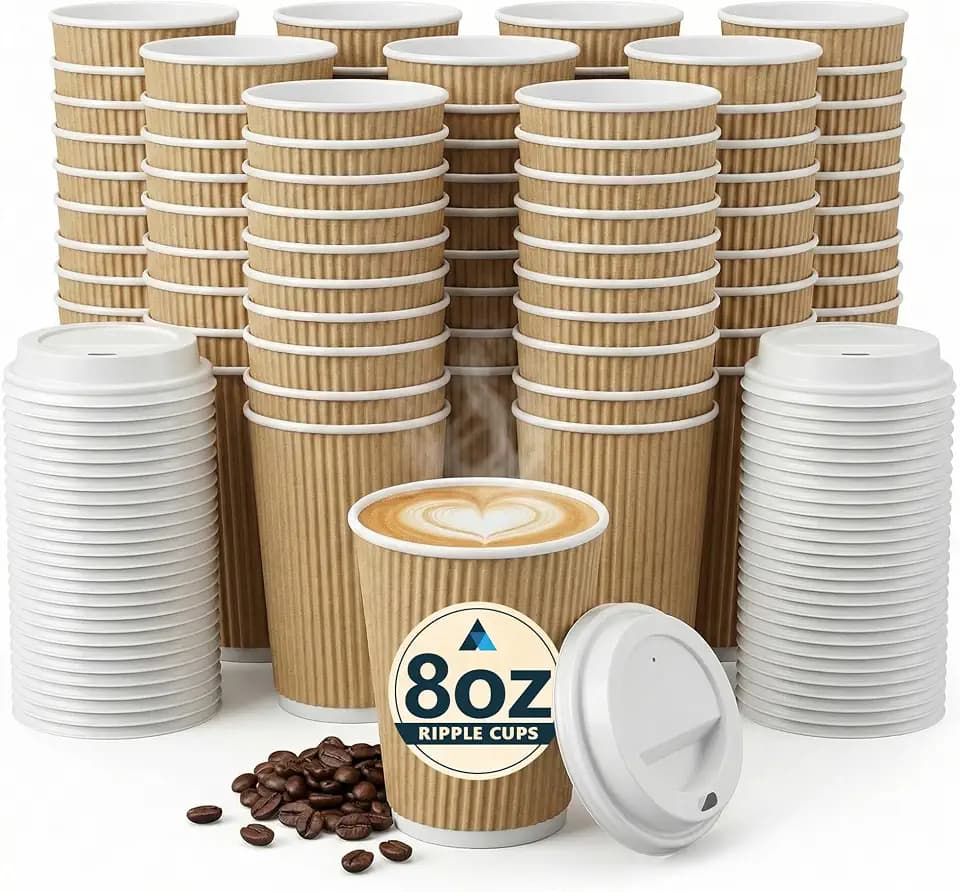 100 Pcs 8oz Coffee Cups with Lids 3 Layer Disposable Ripple Hot Cups - Brown