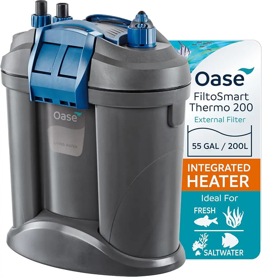Oase FiltoSmart Thermo 200 Canister Filter for Aquariums – Quiet, Space-Saving External Multi-Stage Filter, Integrated Heater, No-Mess Maintenance, For Freshwater & Saltwater Tanks Up to 55 Gallons