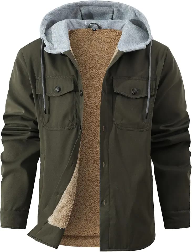 Zaitun Herren Winterjacke Warme Fleecejacke HolzfäLlerhemd Hemdjacke mit Kapuze Outdoor Jacken Thermo Flanell Jacke