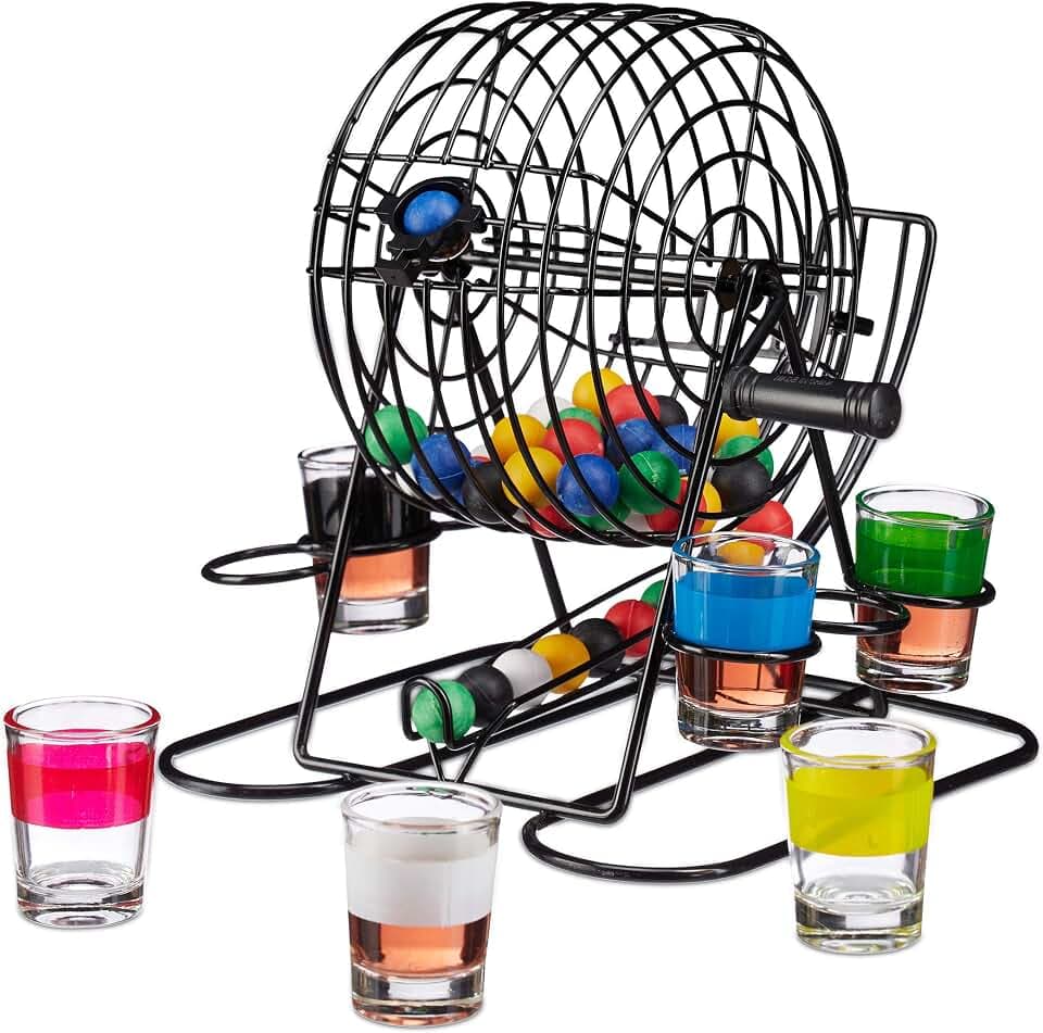 Relaxdays Unisex Erwachsene Bingo, & Halterung, Shotgläser, Kugeln, Lustiges Par Relaxdays Trinkspiel Bingo Lostrommel mit Kurbel Halterung 6 Shotgl ser 48 Kugeln lustiges Pa, bunt, Standard EU