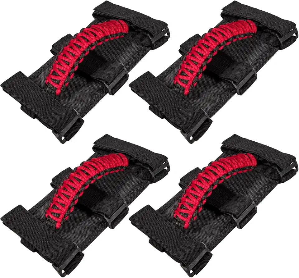 4 x Roll Bar Grab Handles Grip Handle for Jeep Wrangler JK JKU JL JLU TJ YJ Sports Sahara Freedom Rubicon Unlimited Gladiator JT 1955-2023 UTV ATV Premium 550 Paracord Interior Accessories (Red)