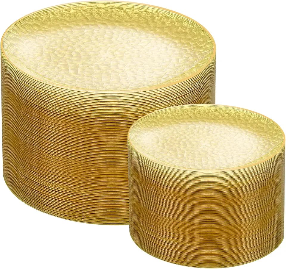 Rubtlamp 100Pcs Yellow Gold Plastic Plates, Yellow Disposable Plates With Gold Rim, Clear Heavy-duty Party Supplies, Hammered Plastic Plates Include 50 Dessert Platos, 50 Dinner Platos for Party