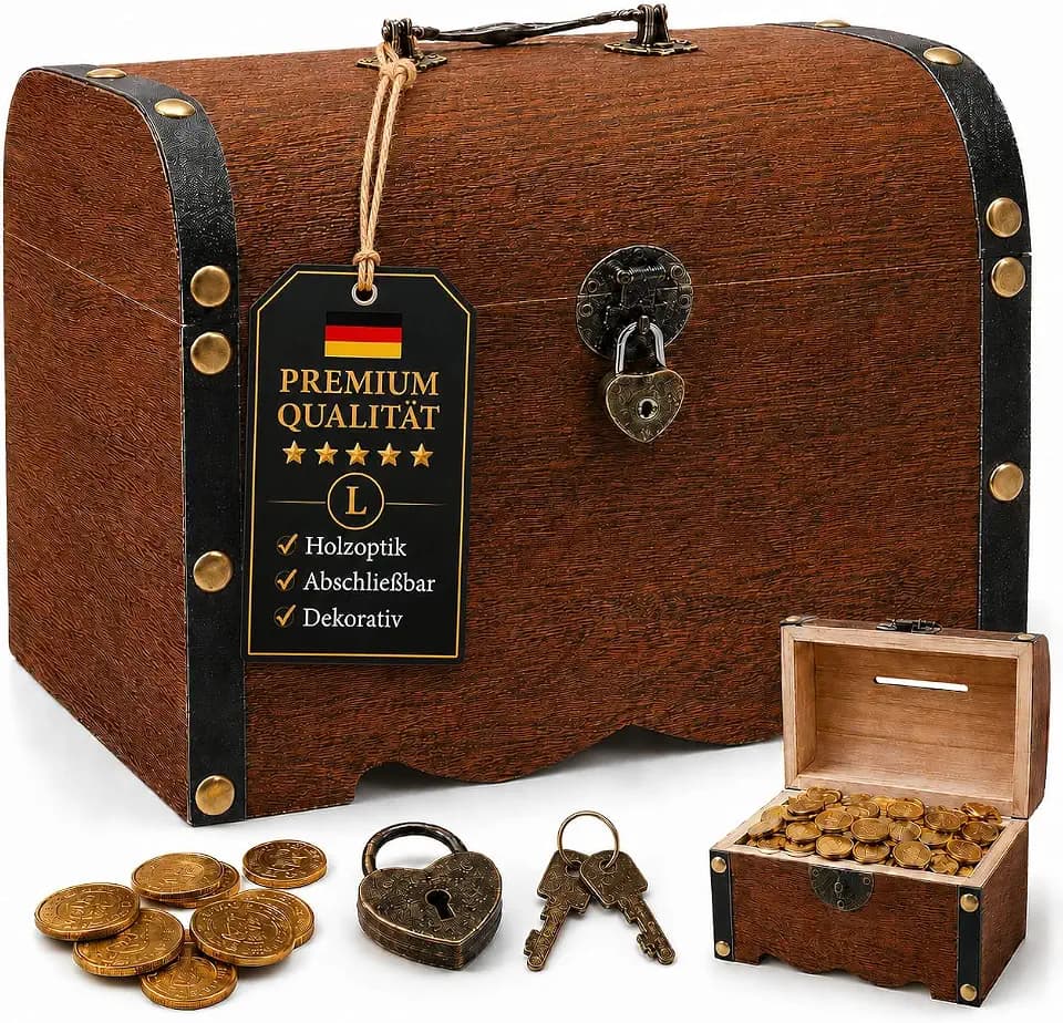 Schatzkiste Holz, Schatztruhe Kinder, Schatzkiste Kindergeburtstag, Schatztruhe mit Schloss und Schlüssel, für Aufbewahren, Kindergeschenk(20 x 14.5 x 15 cm)