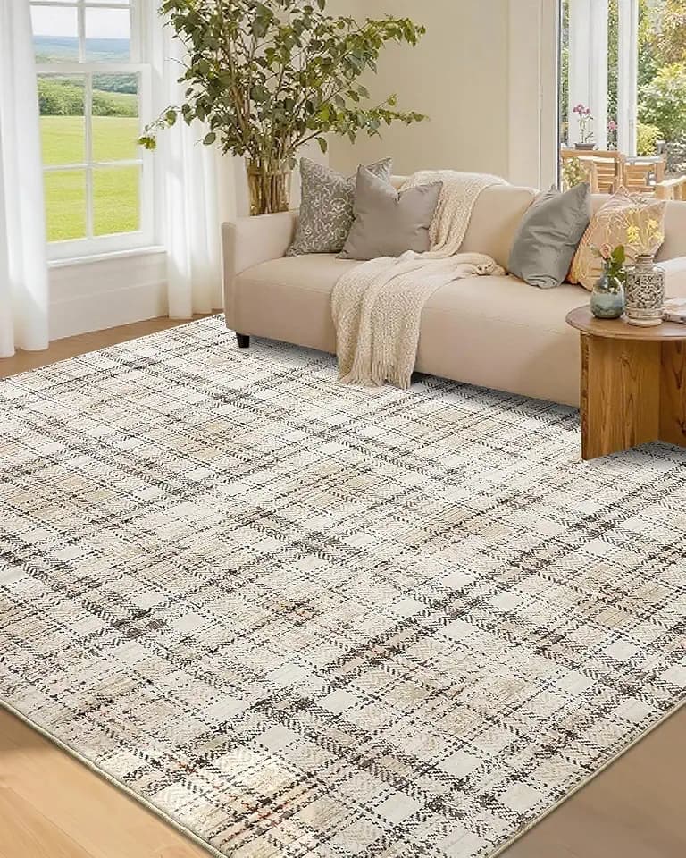 3x5 Entryway Rug Washable Bedroom Rugs with Non Slip Rubber Backing, Plaid Soft Low Pile Rustic Stain Resistant Accent Rug for Entrance Living Room Office Home Decor