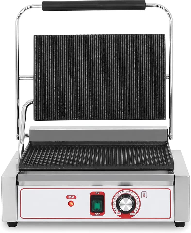 Commercial Panini Grill Flat Press Sandwich Maker Industrial Panini Machine Single Grill Big (Standard Grooved Top and Bottom)