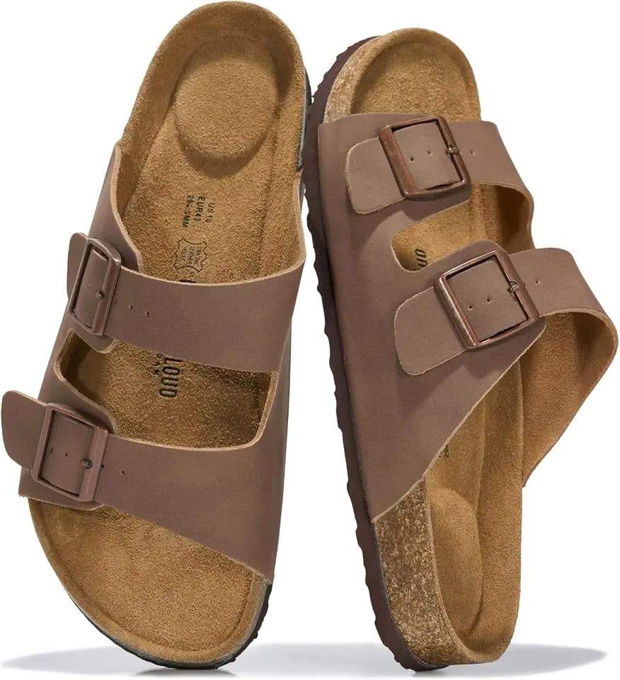 Mens Sandals, 100% Genuine Leather Mens Slides Cork Footbed Sandals for Men