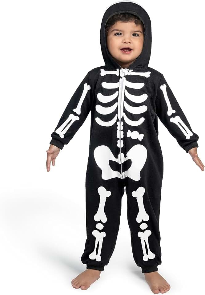 Spooktacular Creations Unisex Baby Skelett Kostüm, Plüsch Zip-Up Schwarz mit Kapuze, Skelett Overall Halloween Cosplay Outfit