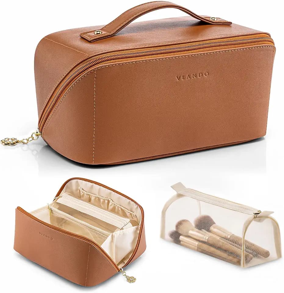 VLANDO Makeup Bag for Women with Open Flat Layout,Zipped TPU Pocket,Brown