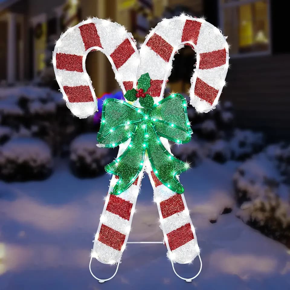 Christmas Candy Cane Lighted Decoration Christmas Lighted Crossed Candy Canes with Holly Berries Pre-Lit Decoration for Xmas Home Pathway Lawn Party Display