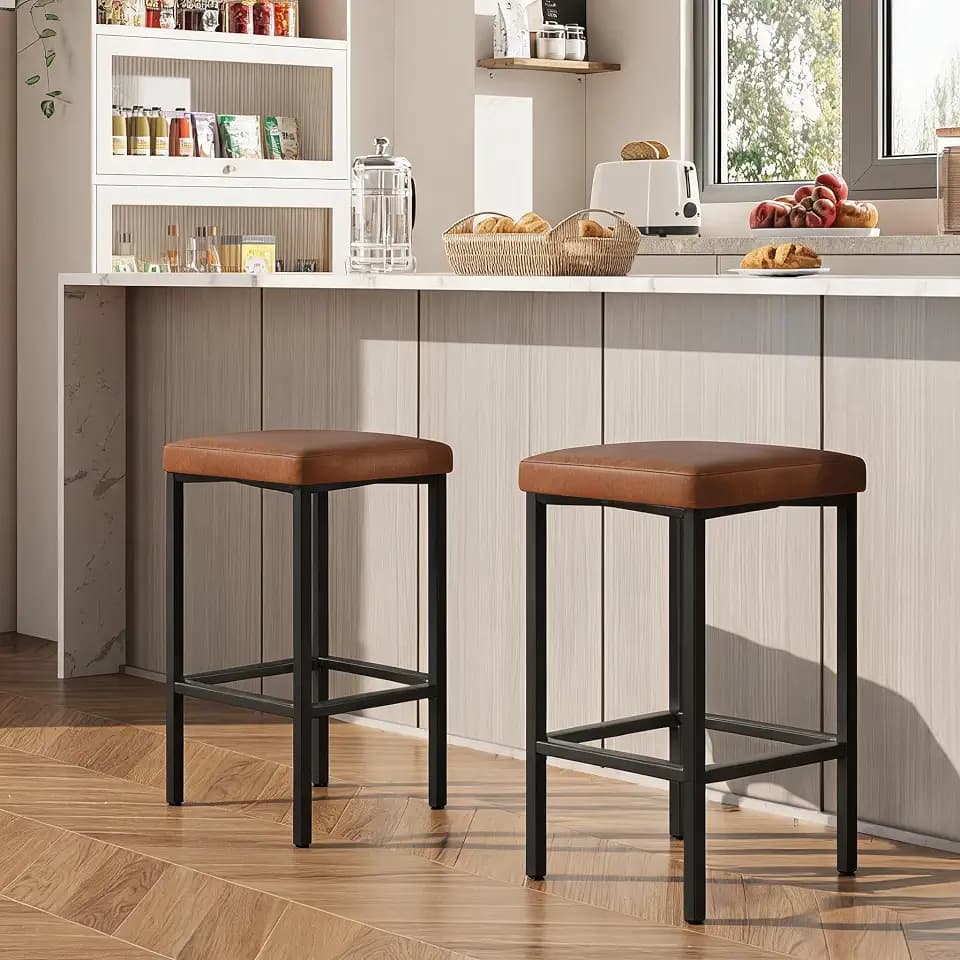 IDEALHOUSE 24 inches BarStools Set of 2, PU Leather Kitchen Chairs, Brown