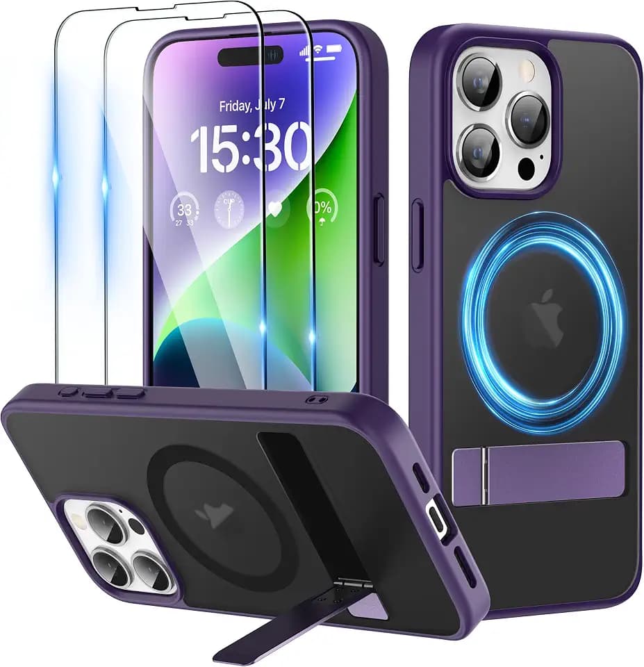 für iPhone 15 Pro Max Hülle für MagSafe Ständer Handyhülle mit 2X Panzerglas Stoßfeste Kratzfeste Schutzhülle Dünne iPhone 15 Pro Max Case-Violett