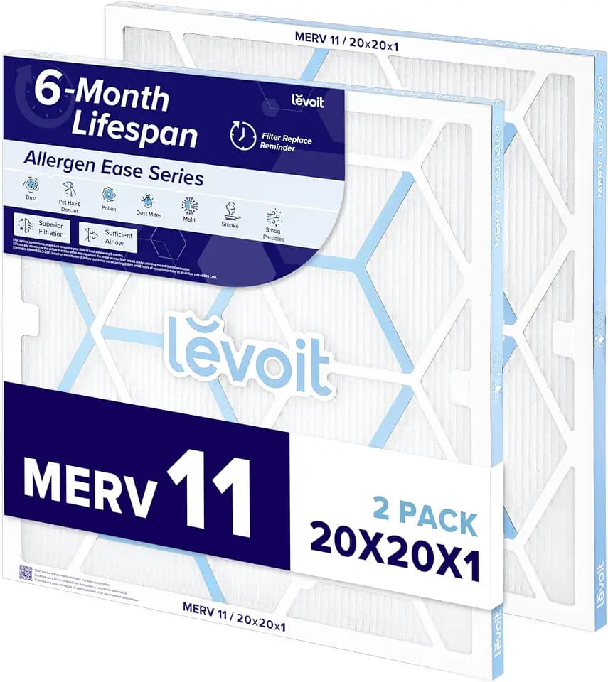 LEVOIT 20x20x1 Air Filter MERV 11, 6-Month Pleated Furnace Filters for Home AC HVAC, High-Efficiency Allergen Defense for Pet, Dust and Smoke, 2 Pack (Actual Size 19.69×19.69×0.79 inches)