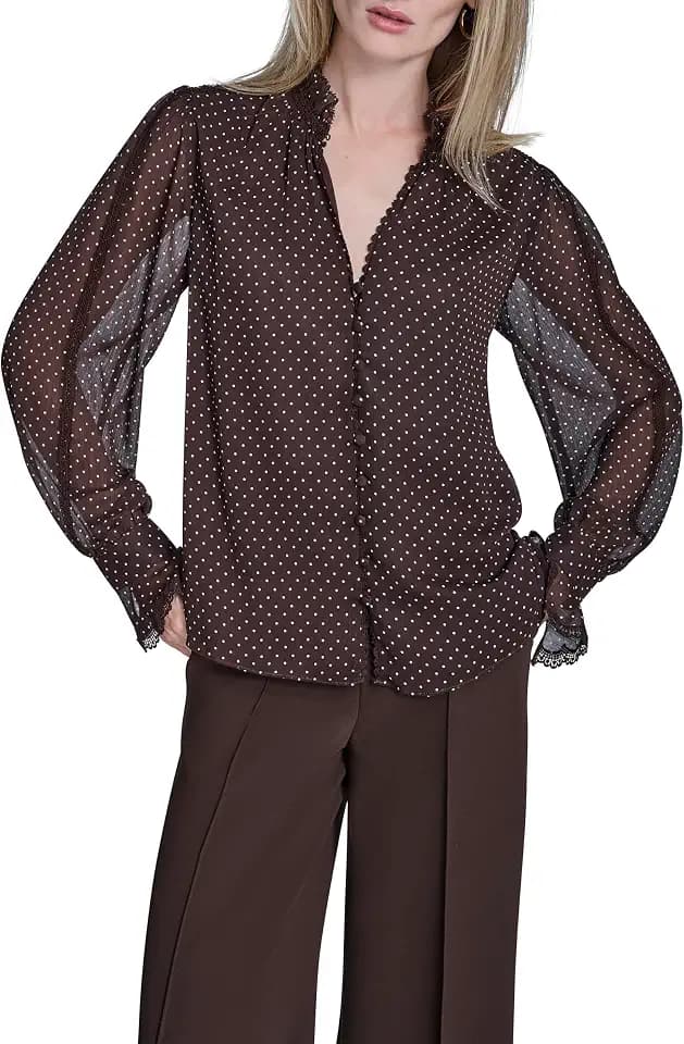 BCBG Womens Ruffle Collar Button Down