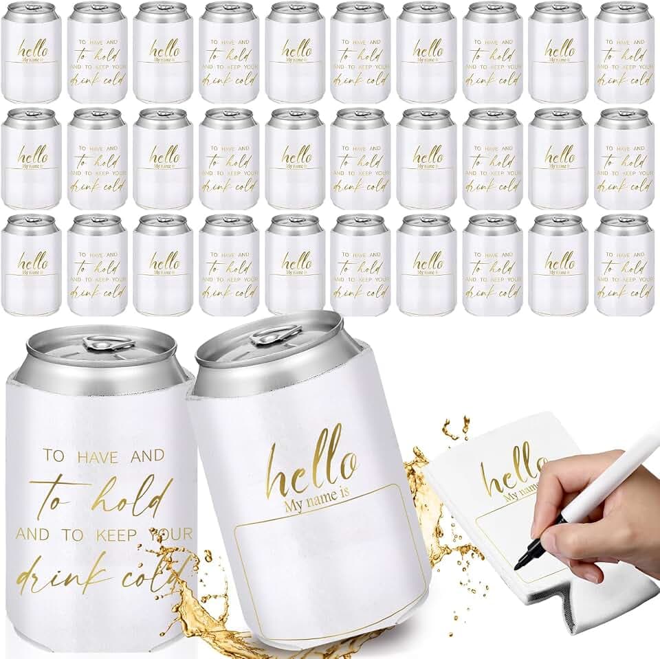 Qinyoung 50 Pcs Wedding Can Cooler Sleeves for Guest Bulk Hello My Name Is Blank Drink Can Coolers Sleeves Favor Personalized for Bachelorette Wedding Party Bridal Shower(Gold,White Base)