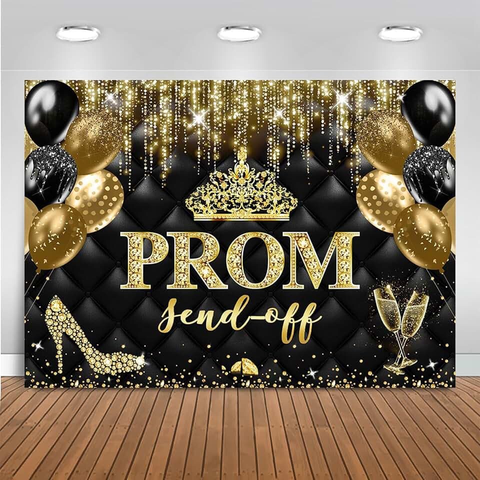 Mocsicka Prom Send Off 2026 Backdrop Gold Crown Graduation Prom Night Party Decorations Banner Graduate Photography Background Supplies (Gold, 7x5ft(82''x60''))