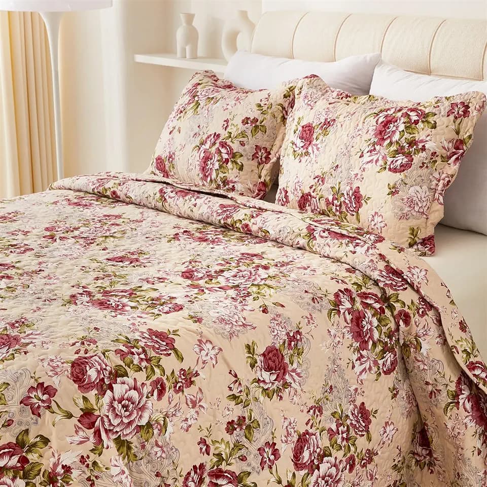 Cmfshape Summer Floral Queen Quilted Bedspread,Romantic Red Quilt Set,Reversible Stitched Bedding Cover All Season,Soft Lightweight Coverlet with Pillow Cases (Red Rose, Queen(90"x90"))