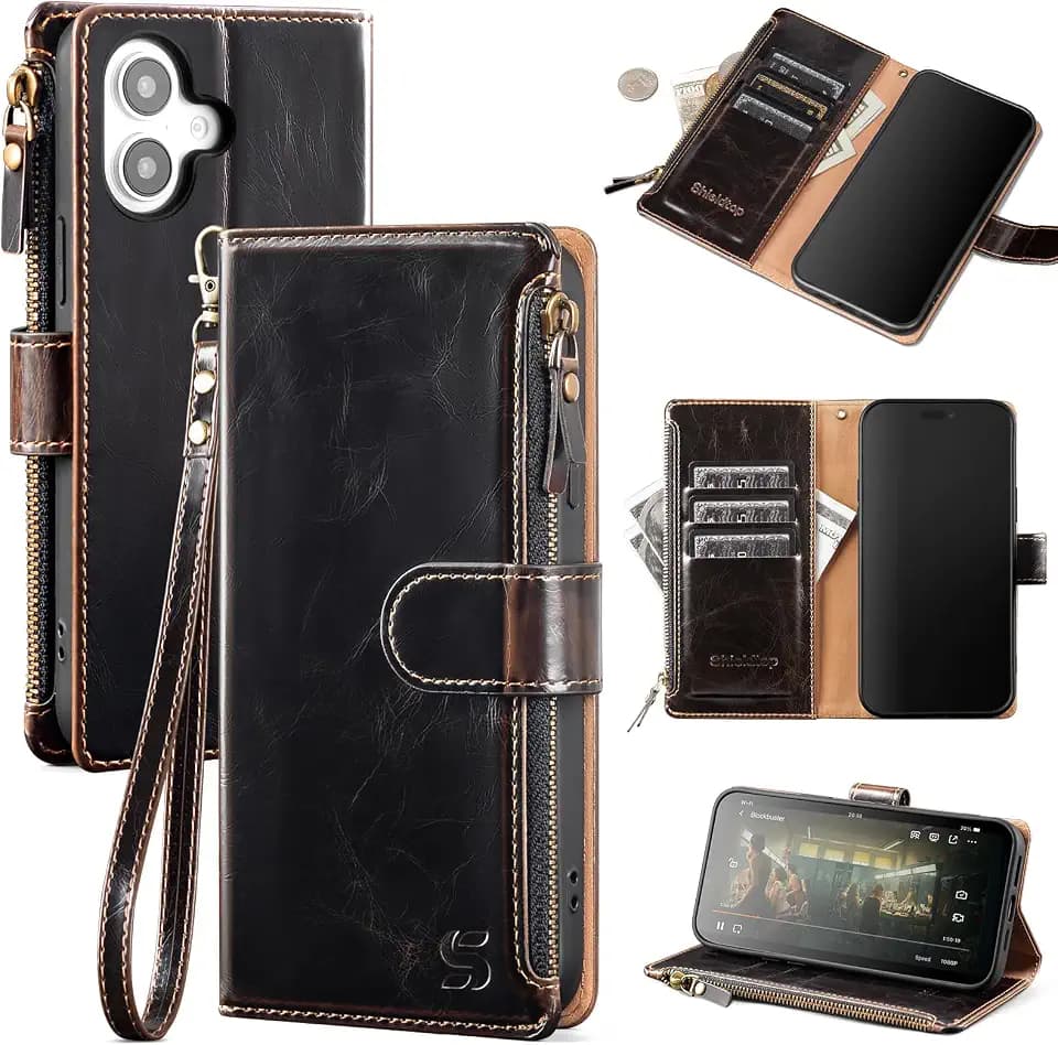 Shieldtop for iPhone 16 Wallet Case with Card Holder,Coffee