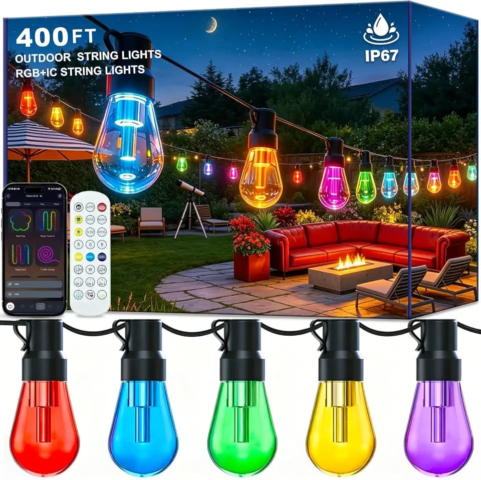 AILBTON RGB+IC 400FT Outdoor String Lights Bulbs IP67 Waterproof LED Color Changing Smart App Hanging Shatterproof Light with Remote Controller for Outside, Patio, Backyard, Garden, Party