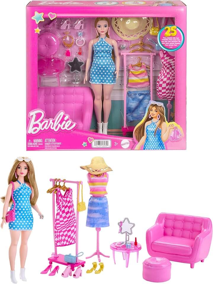 Barbie - Fashion-Set mit Puppe und Kleiderschrank-Set mit Kleidung, Zubehör und Lounge-Möbeln, langanhaltender Styling-Spaß, für Kinder ab 3 Jahren, HPL78